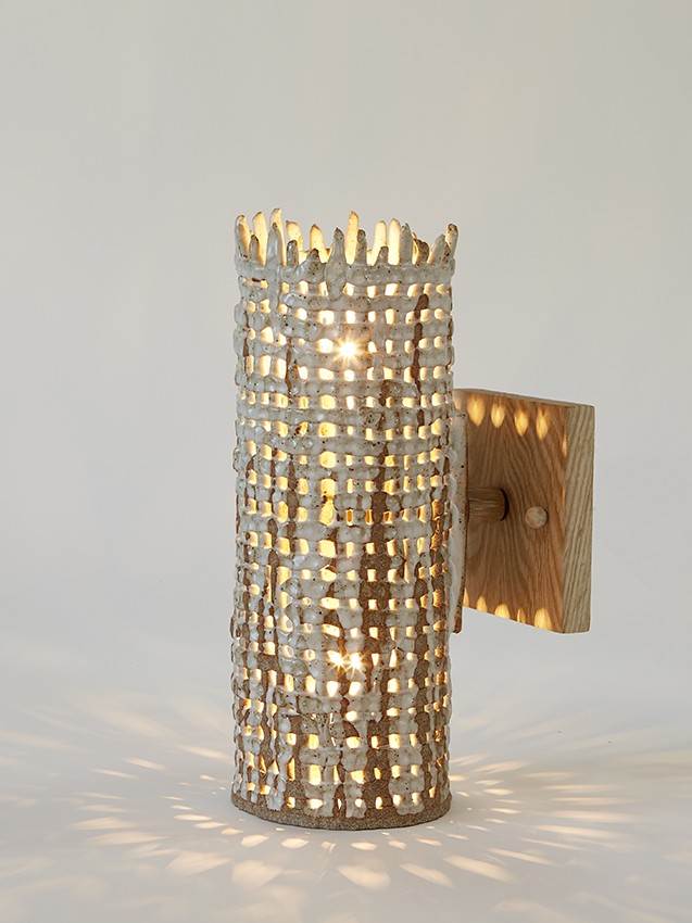 Woven ceramic Basketweave Sconce by ceramicist Clate Grunden in white clay & matte white glaze suitable for indoor & outdoor use, available from RUNE, New York.
