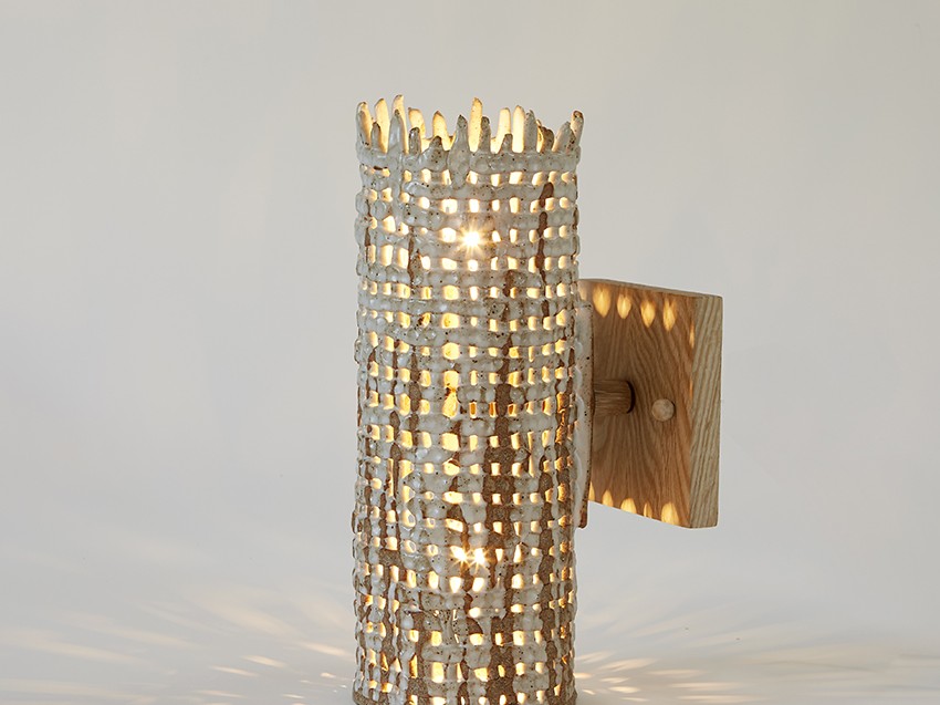 Woven ceramic Basketweave Sconce by ceramicist Clate Grunden in white clay & matte white glaze suitable for indoor & outdoor use, available from RUNE, New York.