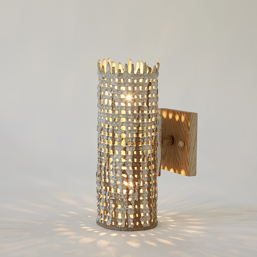 Woven ceramic Basketweave Sconce by ceramicist Clate Grunden in white clay & matte white glaze suitable for indoor & outdoor use, available from RUNE, New York.