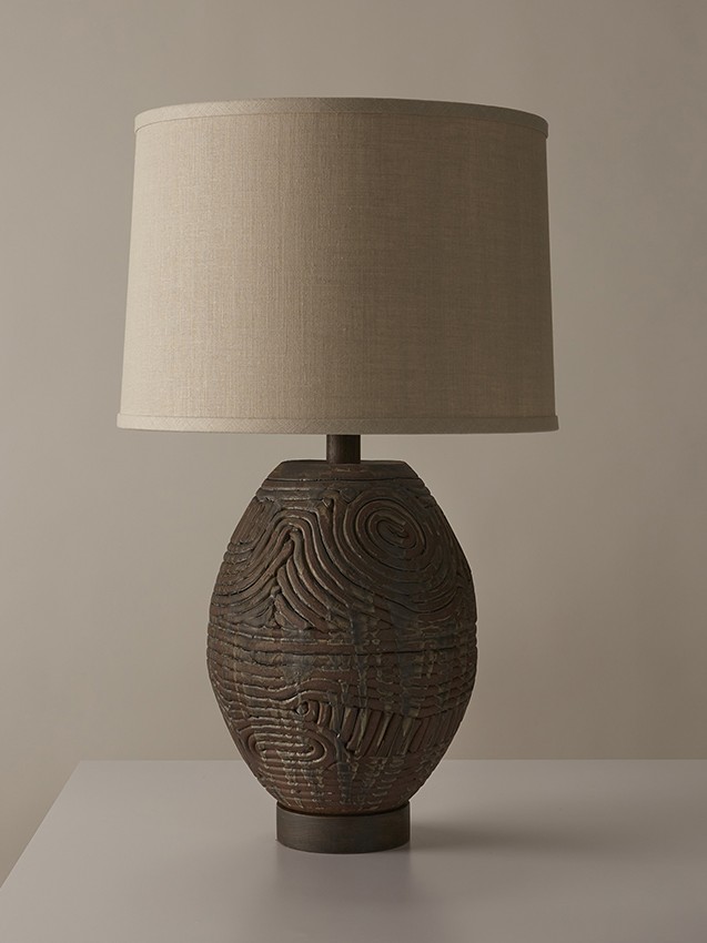 Hand-built stoneware Coil Ovoid table lamp in rich dark brown clay by ceramicist Clate Grunden, available from RUNE, New York.