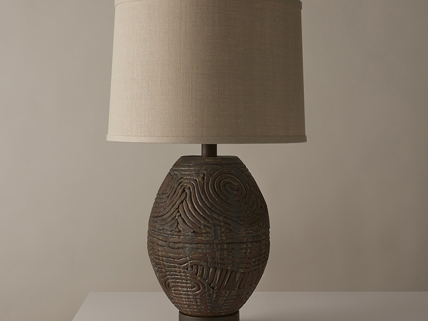 Hand-built stoneware Coil Ovoid table lamp in rich dark brown clay by ceramicist Clate Grunden, available from RUNE, New York.