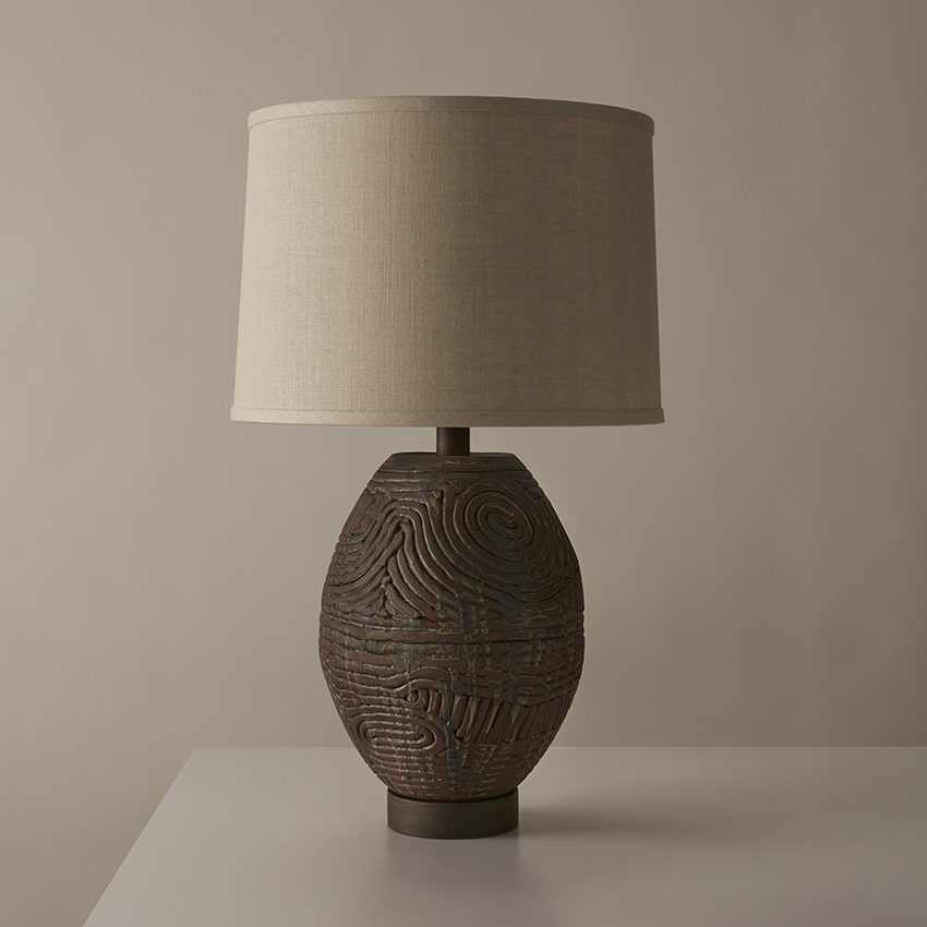 Hand-built stoneware Coil Ovoid table lamp in rich dark brown clay by ceramicist Clate Grunden, available from RUNE, New York.