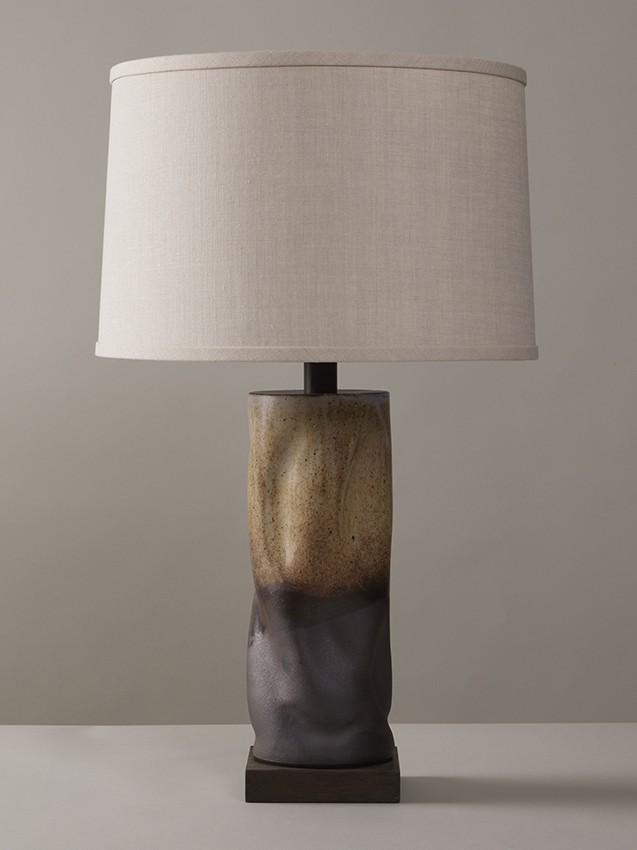 Organic, sculptural handmade ceramic table lamp with dipped glaze by Clate Grunden, available from RUNE, New York.
