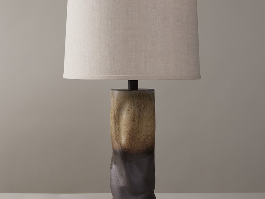 Organic, sculptural handmade ceramic table lamp with dipped glaze by Clate Grunden, available from RUNE, New York.