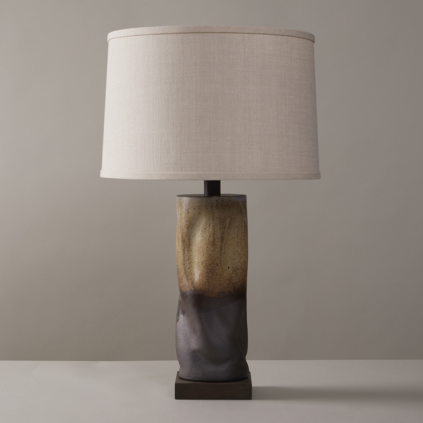 Organic, sculptural handmade ceramic table lamp with dipped glaze by Clate Grunden, available from RUNE, New York.