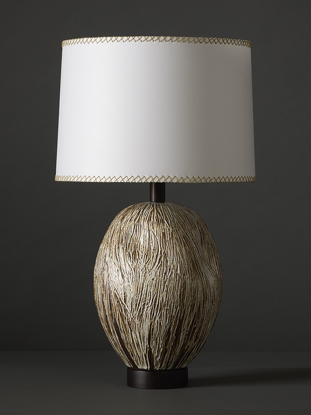 Hand-carved, organic Hairy Ovoid table lamp by ceramic artist Clate Grunden, available at RUNE, New York.