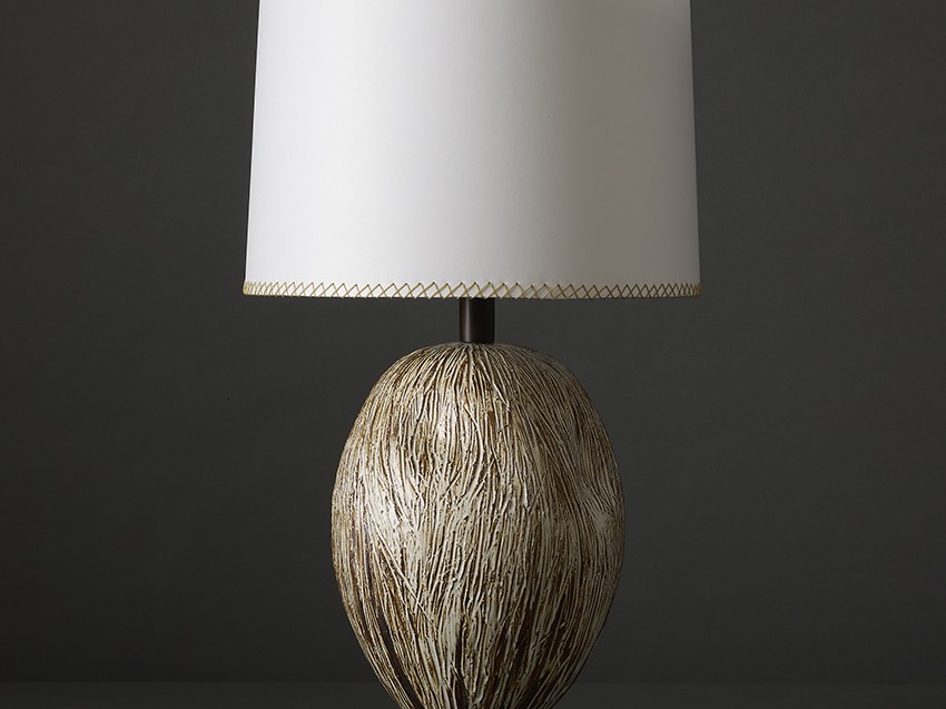 Hand-carved, organic Hairy Ovoid table lamp by ceramic artist Clate Grunden, available at RUNE, New York.