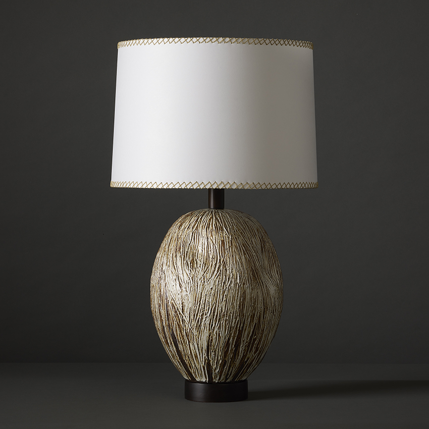 Hand-carved, organic Hairy Ovoid table lamp by ceramic artist Clate Grunden, available at RUNE, New York.