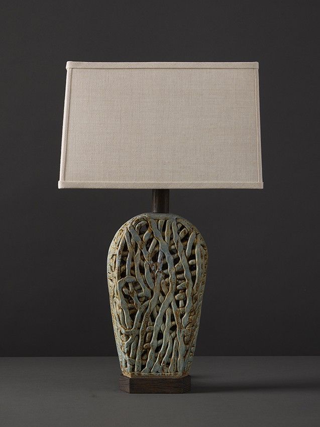 Handmade ceramic Haystack Squiggle Weave table lamp by ceramicist Clate Grunden combines organic forms with beach blue glaze for a classic and effortlessly beautiful table lamp, available at RUNE, New York.