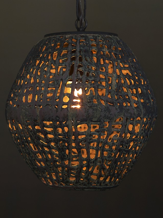Ovoid Hanging Basketweave Pendant in woven textural ceramic by artist Clate Grunden is suitable for indoor & outdoor use, available from RUNE, New York.