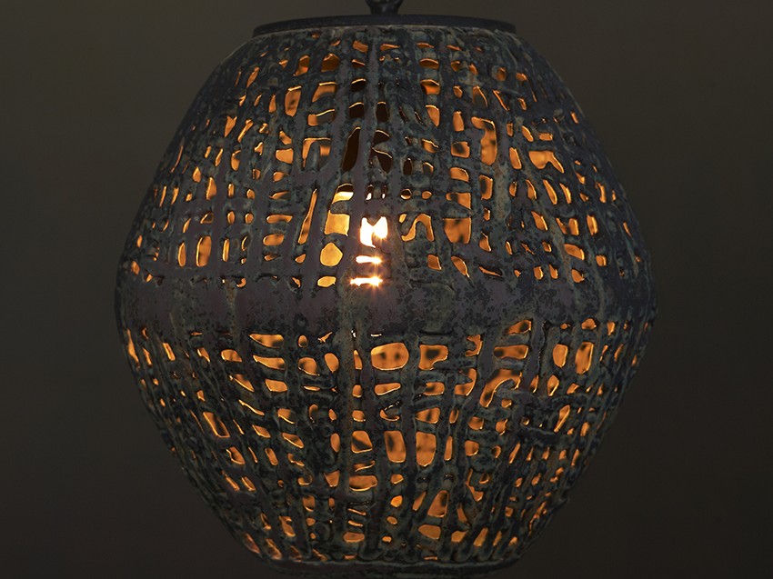 Ovoid Hanging Basketweave Pendant in woven textural ceramic by artist Clate Grunden is suitable for indoor & outdoor use, available from RUNE, New York.