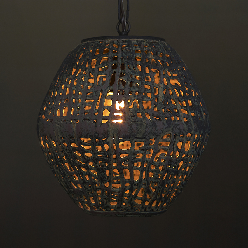 Ovoid Hanging Basketweave Pendant in woven textural ceramic by artist Clate Grunden is suitable for indoor & outdoor use, available from RUNE, New York.