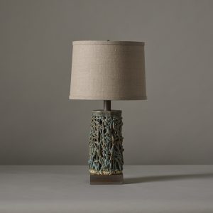 Small Squiggle Weave handmade ceramic table lamp by artist Clate Grunden in textured beach blue glaze with sand linen lampshade, available from RUNE, New York.