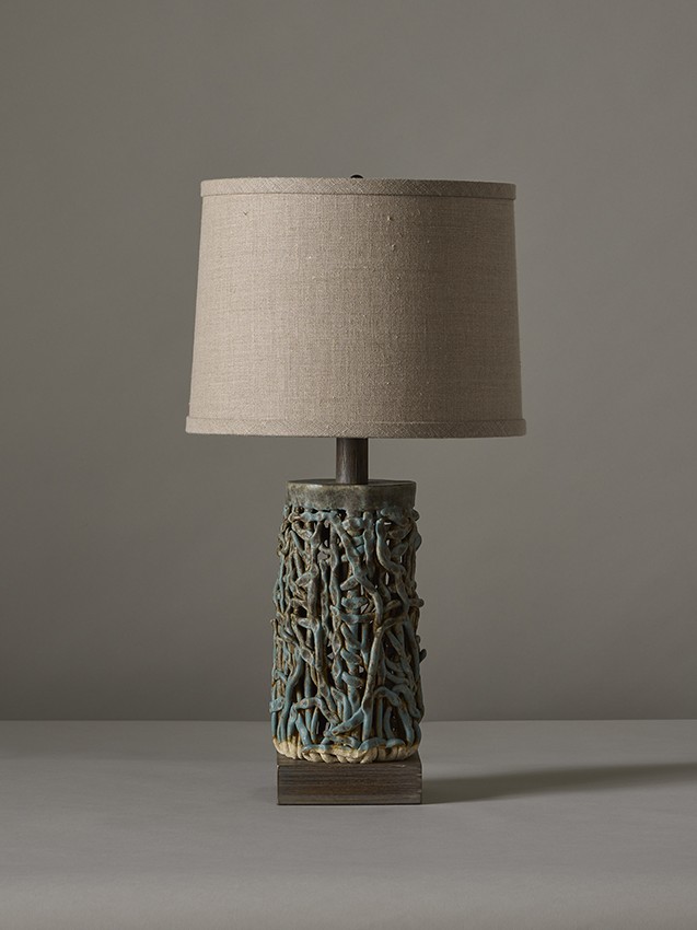 Small Squiggle Weave handmade ceramic table lamp by artist Clate Grunden in textured beach blue glaze with sand linen lampshade, available from RUNE, New York.