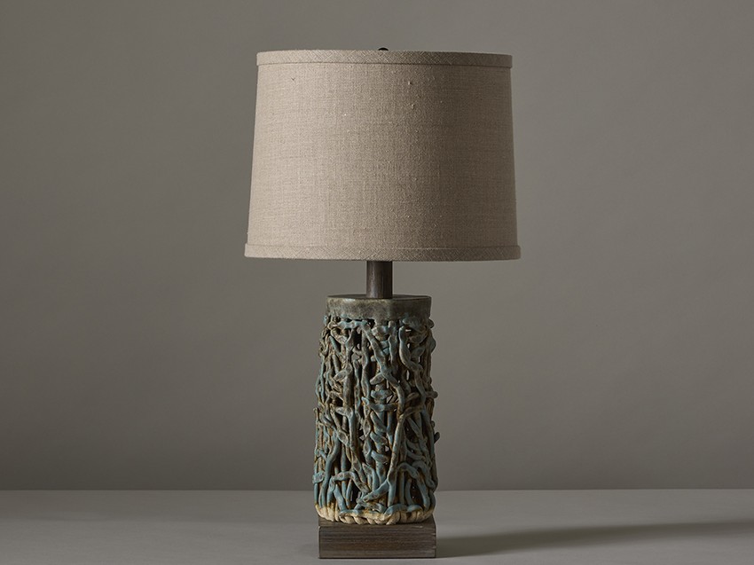 Small Squiggle Weave handmade ceramic table lamp by artist Clate Grunden in textured beach blue glaze with sand linen lampshade, available from RUNE, New York.