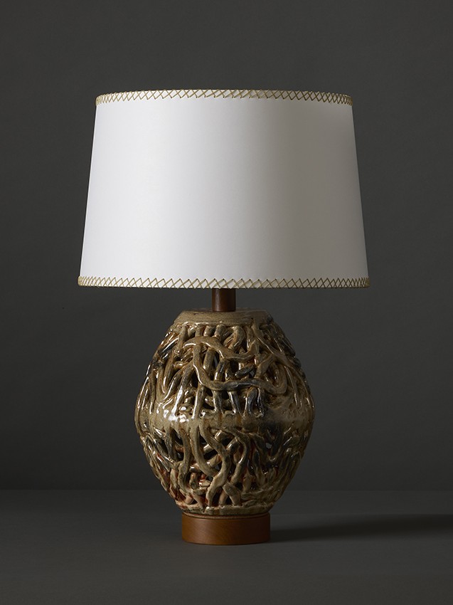 Modernist handmade ceramic Squiggle Ovoid table lamp in rich stoneware & glazes by artist Clate Grunden, available from RUNE, New York.