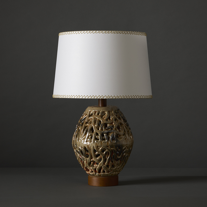 Modernist handmade ceramic Squiggle Ovoid table lamp in rich stoneware & glazes by artist Clate Grunden, available from RUNE, New York.