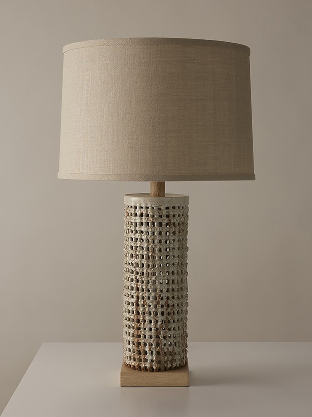 Handmade ceramic lamp in textural basketweave by ceramic artist Clate Grunden, available from RUNE, New York.