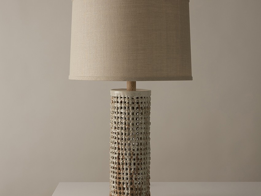 Handmade ceramic lamp in textural basketweave by ceramic artist Clate Grunden, available from RUNE, New York.