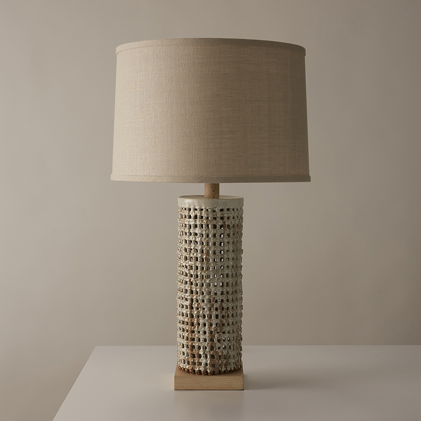 Handmade ceramic lamp in textural basketweave by ceramic artist Clate Grunden, available from RUNE, New York.