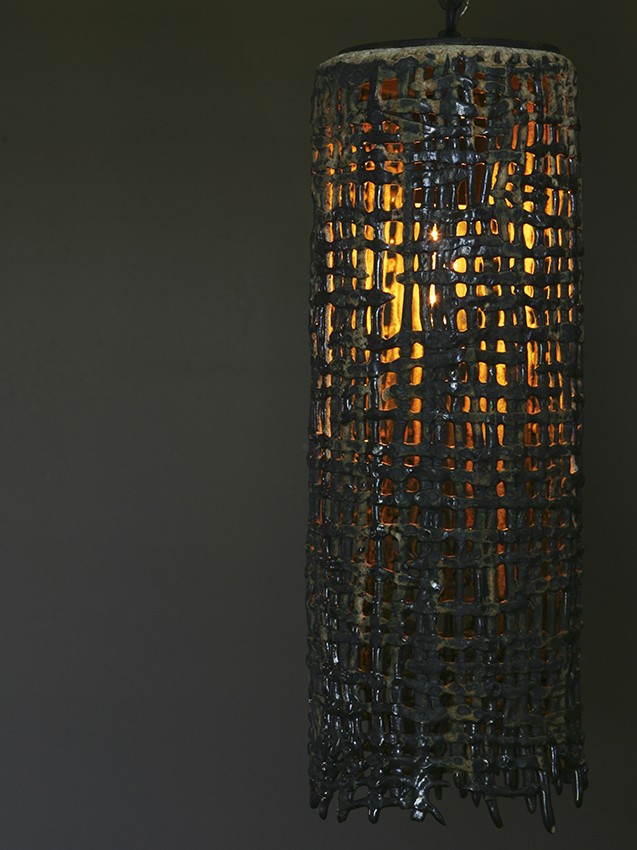 Tall Hanging Basketweave Pendant by Clate Grunden is handmade of ceramic and verdigris glaze is suitable for indoor and outdoor applications.