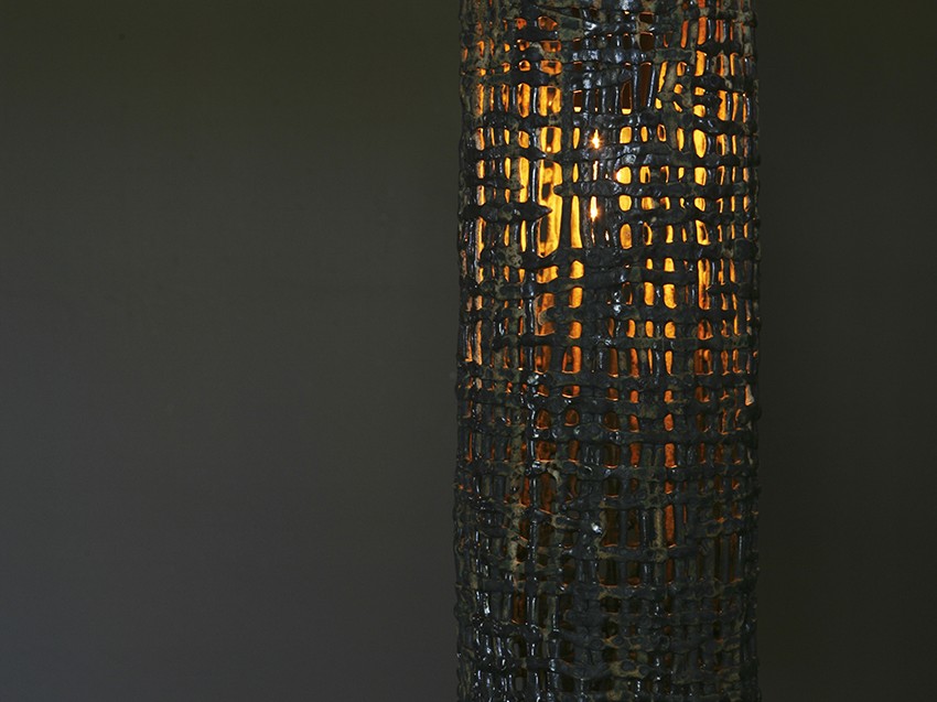 Tall Hanging Basketweave Pendant by Clate Grunden is handmade of ceramic and verdigris glaze is suitable for indoor and outdoor applications.