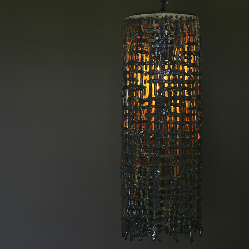 Tall Hanging Basketweave Pendant by Clate Grunden is handmade of ceramic and verdigris glaze is suitable for indoor and outdoor applications.