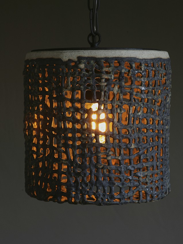 Wide Hanging Basketweave Pendant by ceramicist Clate Grunden in white clay & verdigris glaze offers lighting for indoor & outdoor applications.