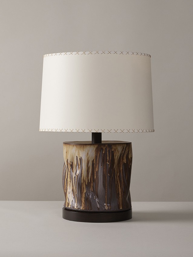 Hand-built, glazed organicly formed stoneware Wide Undulating Cylinder table lamp by artist Clate Grunden, available from RUNE, New York.