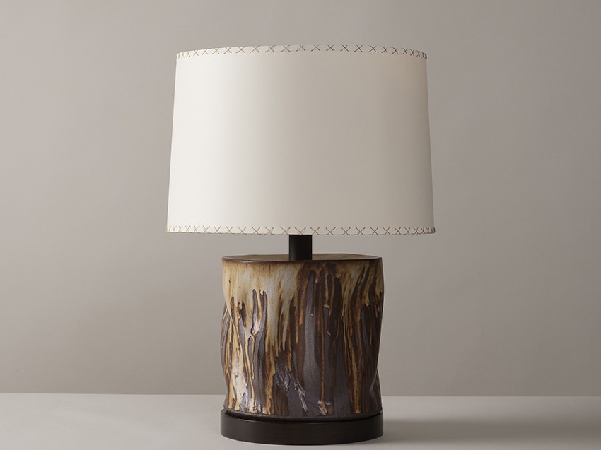 Hand-built, glazed organicly formed stoneware Wide Undulating Cylinder table lamp by artist Clate Grunden, available from RUNE, New York.