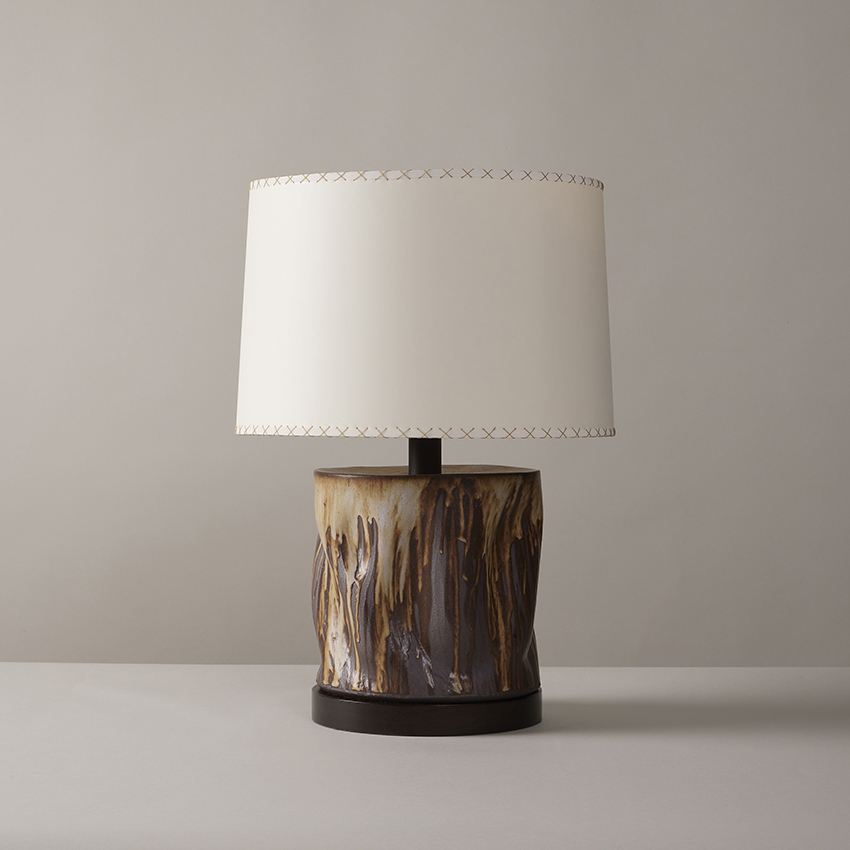Hand-built, glazed organicly formed stoneware Wide Undulating Cylinder table lamp by artist Clate Grunden, available from RUNE, New York.