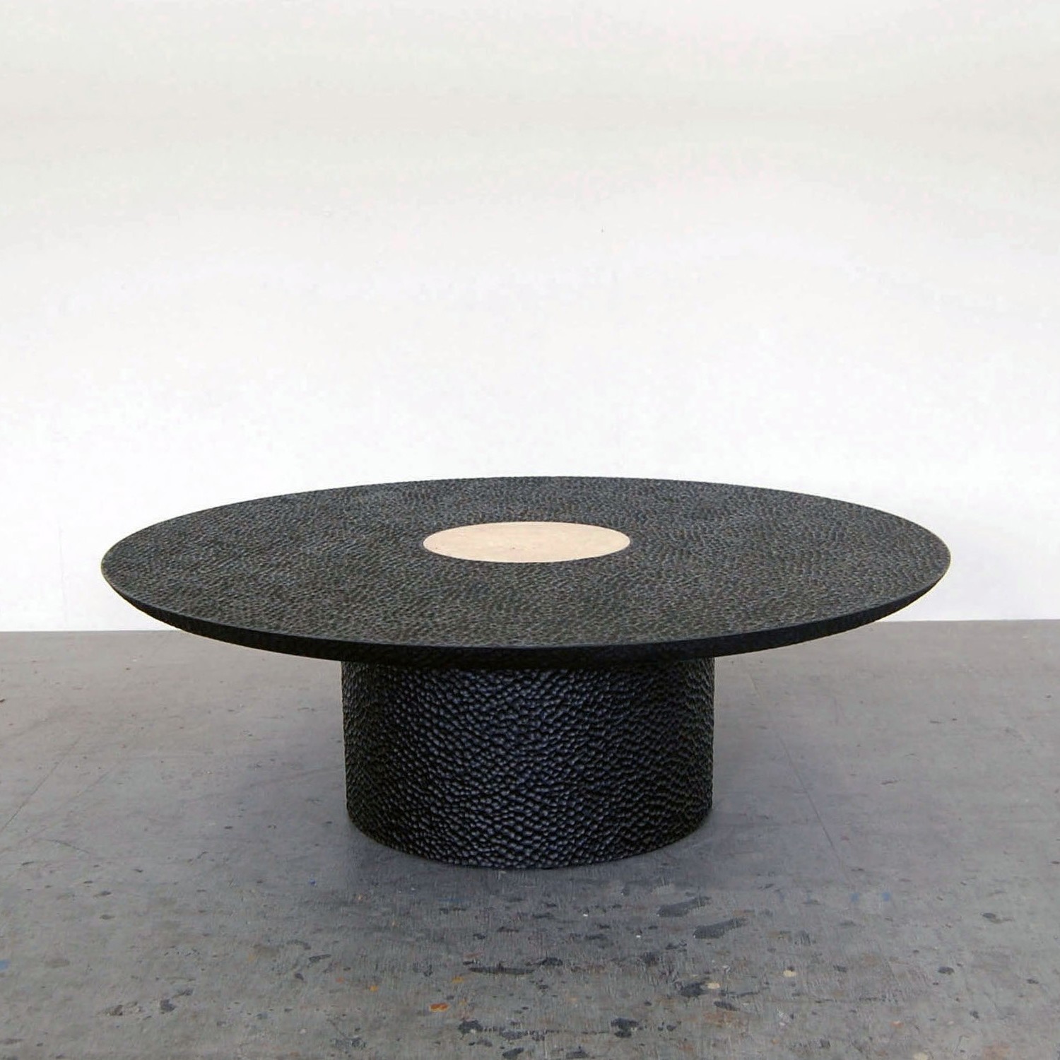 Luna Coffee Table in carved, blackened maple & travertine by John Eric Byers for RUNE, New York.