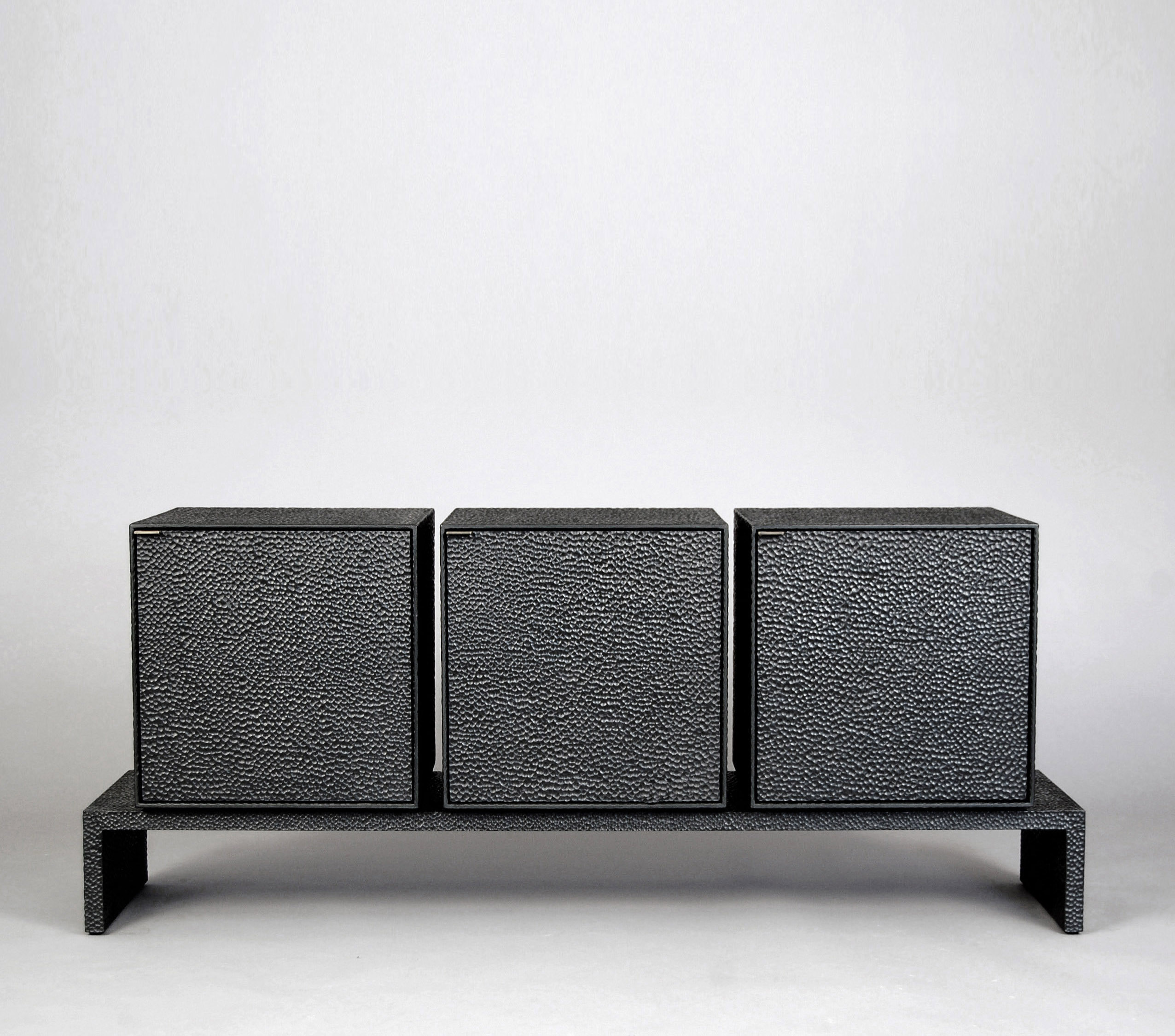 M3 Credenza in carved, blackened maple & brass by John Eric Byers for RUNE, New York.