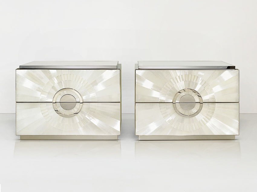 Roxy Bedside Tables in sunburst pattern gypse & polished nickel by Jallu Ebenistes for RUNE, New York.
