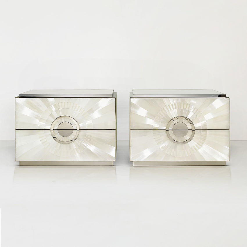 Roxy Bedside Tables in sunburst pattern gypse & polished nickel by Jallu Ebenistes for RUNE, New York.