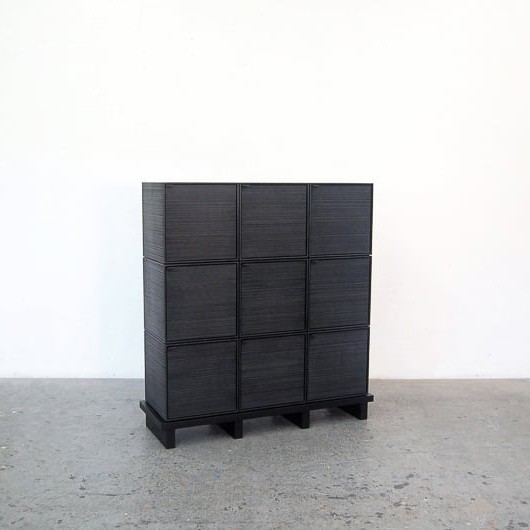 9 Cubes Chest of Doors sawn, blackened maple & brass by John Eric Byers for RUNE, New York.