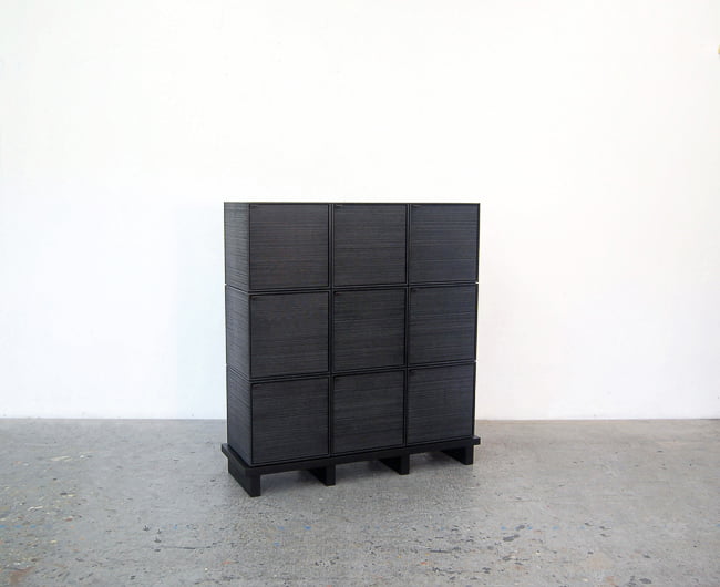 9 Cubes Chest of Doors sawn, blackened maple & brass by John Eric Byers for RUNE, New York.