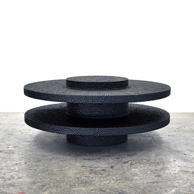 R1 + 1 Table in carved, blackened maple by John Eric Byers for RUNE, New York.