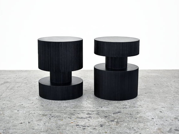 Revert Tables / Stools in sawn, blackened maple by John Eric Byers for RUNE, New York.