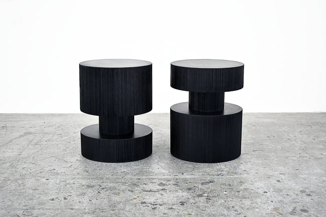 Revert Tables / Stools in sawn, blackened maple by John Eric Byers for RUNE, New York.