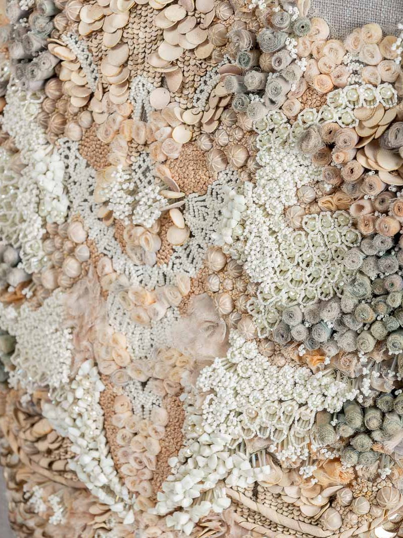 Sea Floor Embroidery in dyed organza, leather sequins, seed beads, bugle beads & cotton thread on silk tulle background by P+L Studio for RUNE, New York.