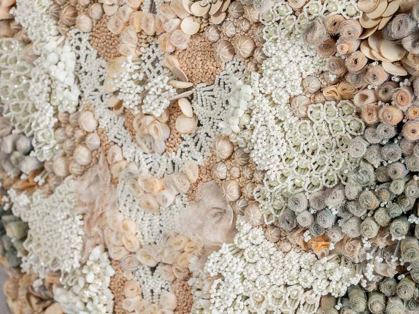 Sea Floor Embroidery in dyed organza, leather sequins, seed beads, bugle beads & cotton thread on silk tulle background by P+L Studio for RUNE, New York.