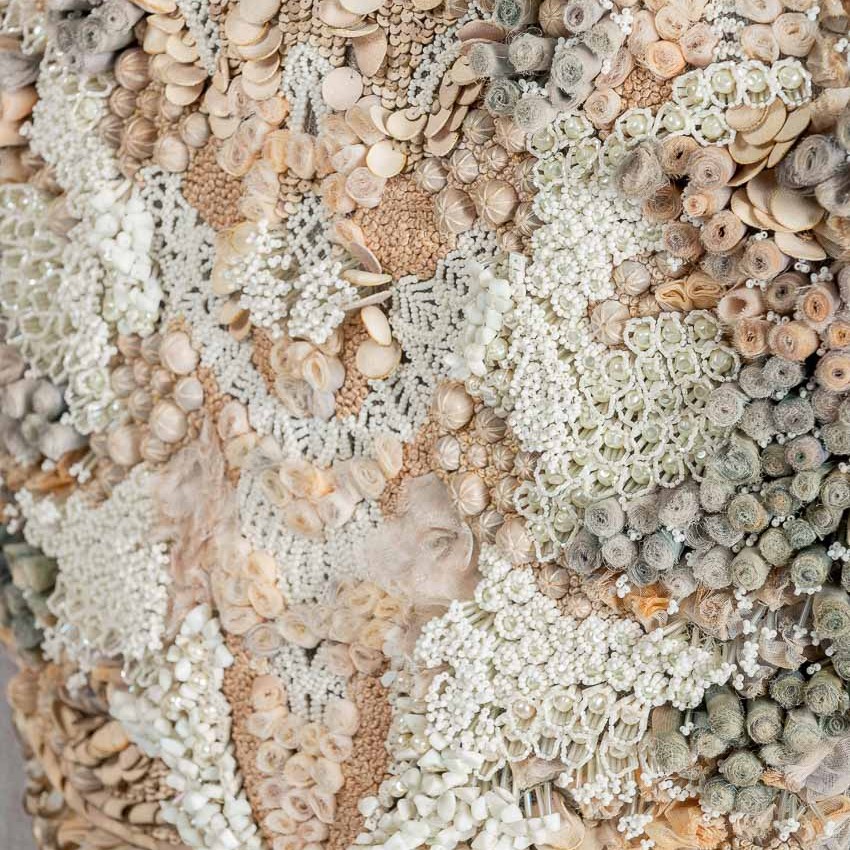 Sea Floor Embroidery in dyed organza, leather sequins, seed beads, bugle beads & cotton thread on silk tulle background by P+L Studio for RUNE, New York.