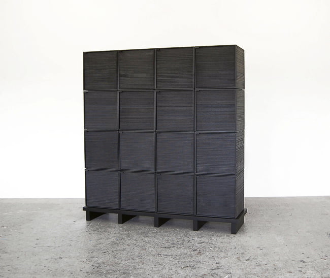 16 Cubes Chest of Doors in sawn, blackened maple & brass by John Eric Byers for RUNE, New York.