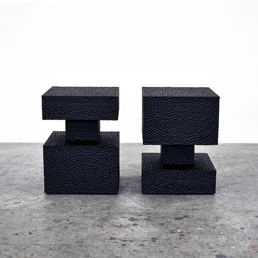 Square Revert Tables / Stools in carved, blackened maple by John Eric Byers for RUNE, New York.