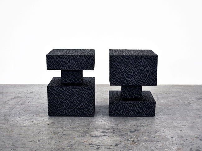 Square Revert Tables / Stools in carved, blackened maple by John Eric Byers for RUNE, New York.