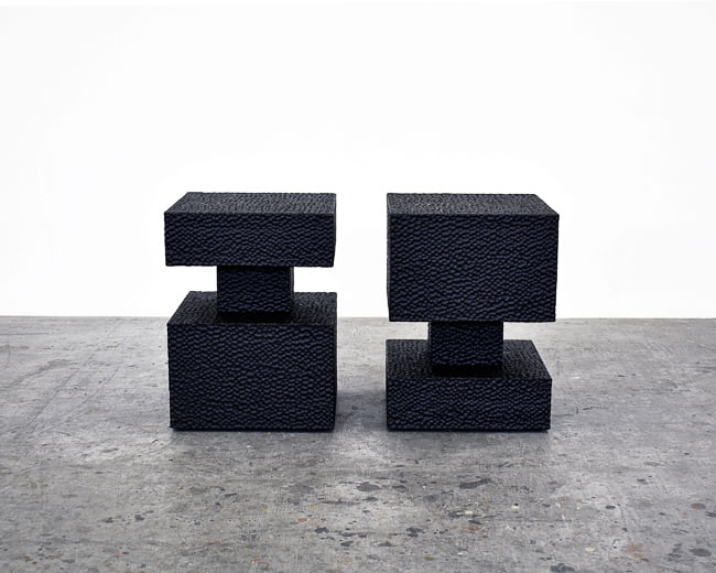 Square Revert Tables / Stools in carved, blackened maple by John Eric Byers for RUNE, New York.
