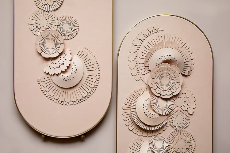 Floral leather panels in Rose vegetable tanned leather with brass frame.