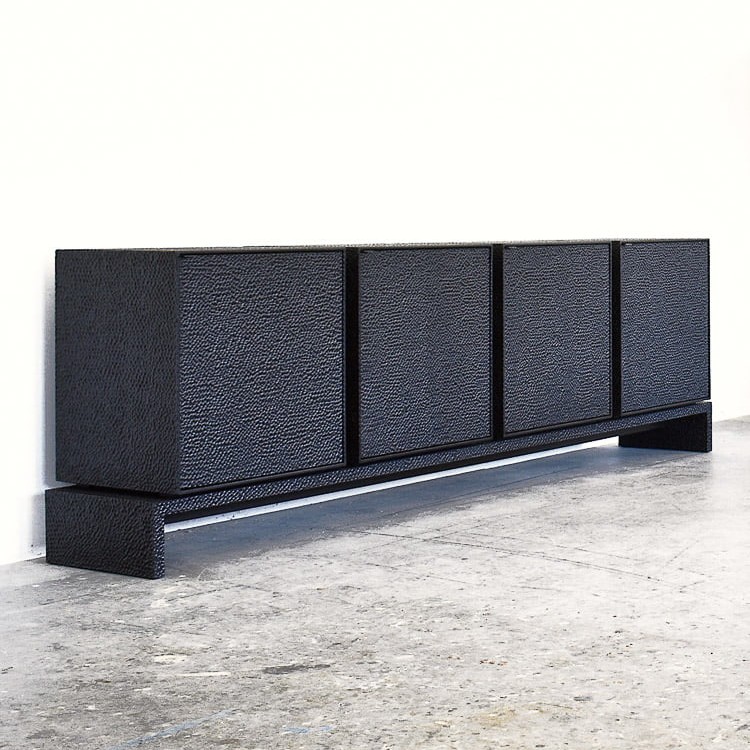 M4 Credenza in carved, blackened maple & brass by John Eric Byers for RUNE, New York.
