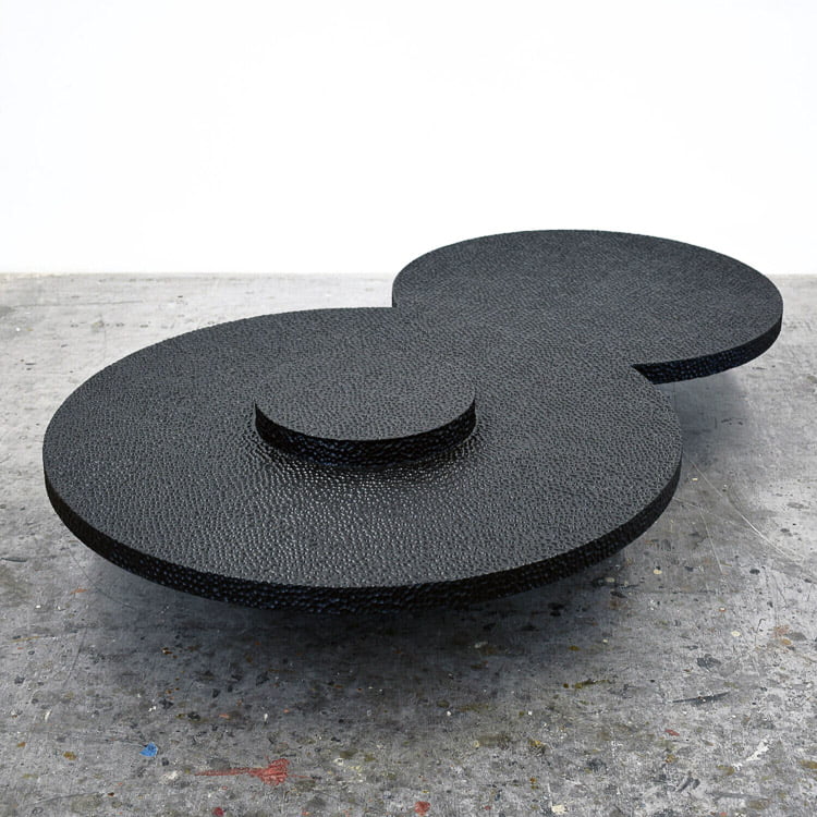 R1x2 Offset Table in carved, blackened maple by John Eric Byers for RUNE, New York.
